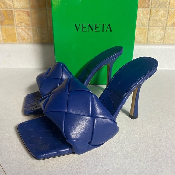 Bottega‎ Veneta Lido Sandal Heels Quilted Square Toe Cruise Blue 37 - Picture 1 of 7